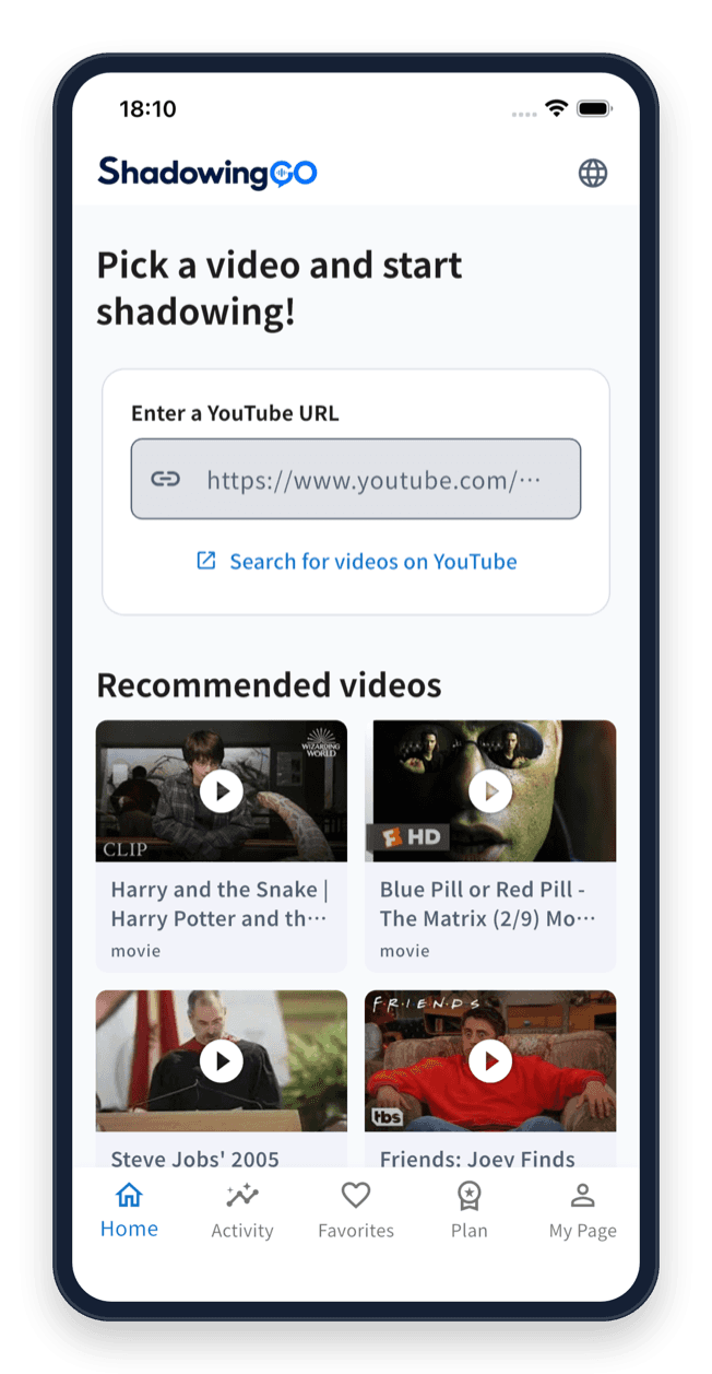 Home screen — pick a video and start shadowing